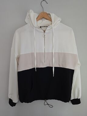 Zara Womens Colorblock Zip-Up Hoodie - White, Beige & Black